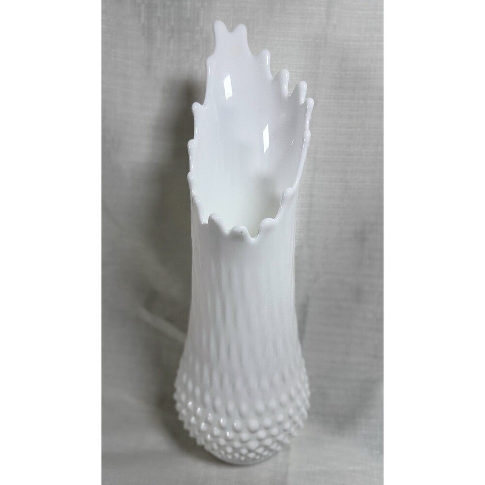 Vintage Fenton White Milk Glass Swung Vase Hobnail #3755 MCM 1960s 15 In Tall